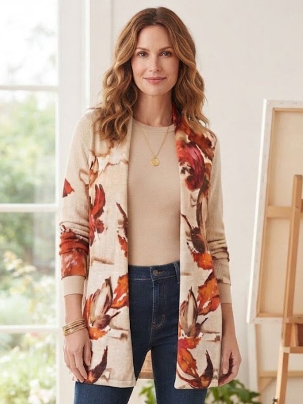 Chico's Floral Watercolor Open Front Cardigan Sweater Size 3